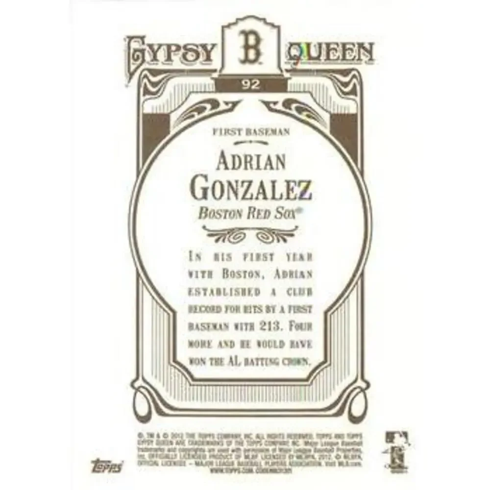 2012 Topps Gypsy Queen Adrian Gonzalez # 92 Boston Red Sox